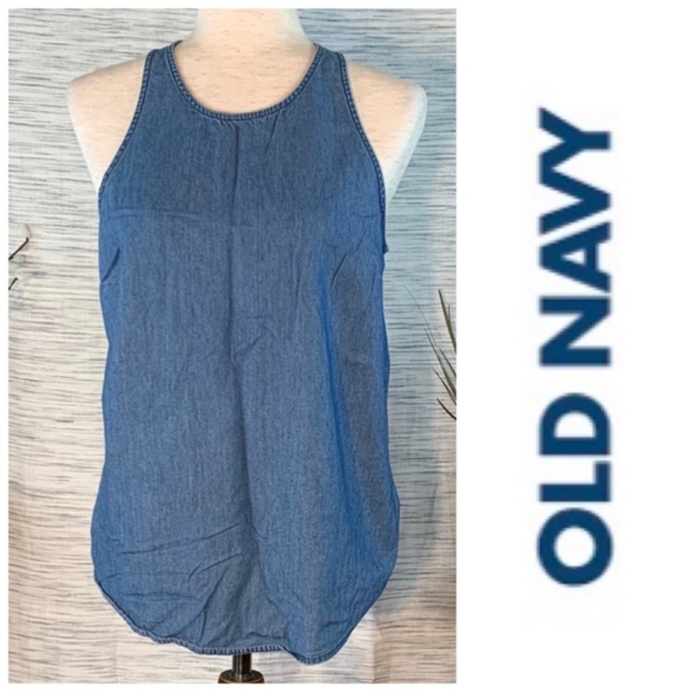 Old Navy stonewashed faded denim blue styled sleeveless top.